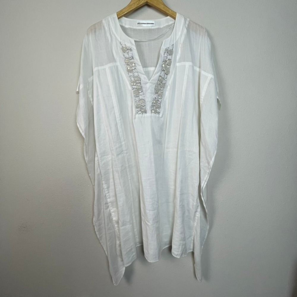 Maryan Mehlhorn White Embellished V Neck Kaftan Tunic Top Beach Cover Up‎ M